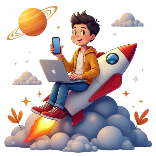 Astronaut on a rocket with floating laptops and stars