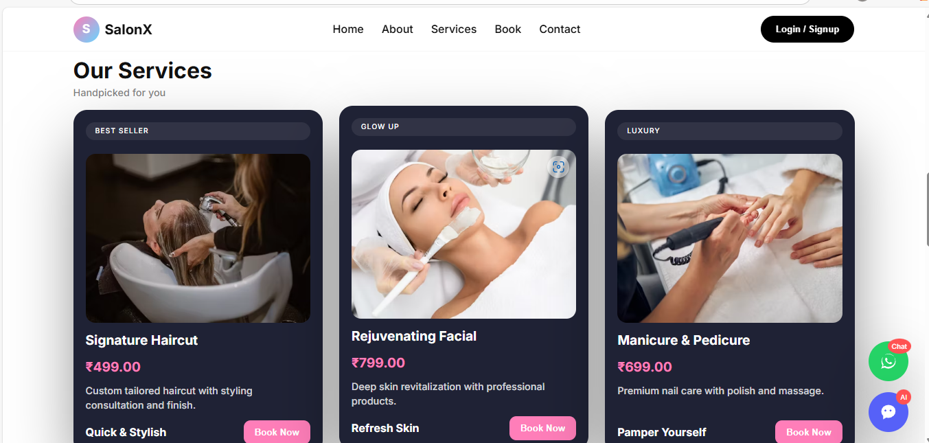 Salon service website screenshot